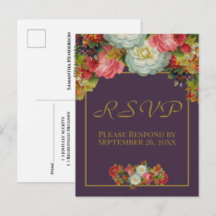 Plommon Lila Vintage Höst Blommig Bröllop RSVP Vykort