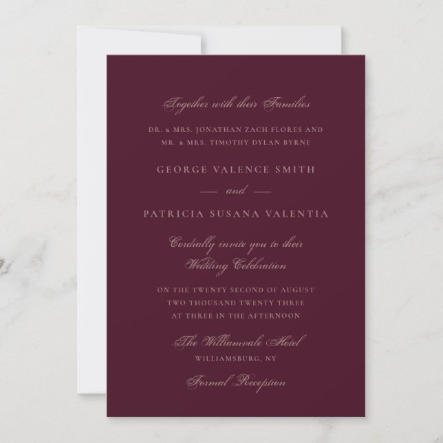 Plommon Maroon Formell Kalligrafi Elegant Bröllop Inbjudningar (Framsida)