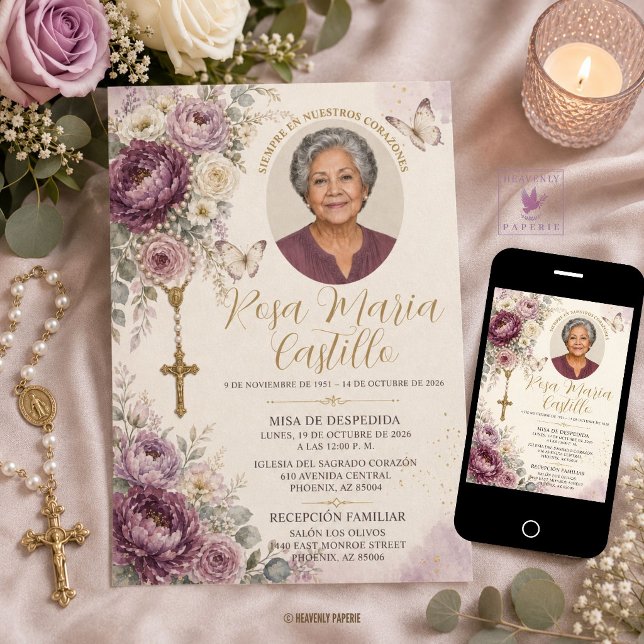 Plommon Mauve & Elfenbensfärgad Blommig Foto Katol Inbjudningar (plum mauve purple white ivory peonies roses floral rosary beads photo  catholic funeral invitation )