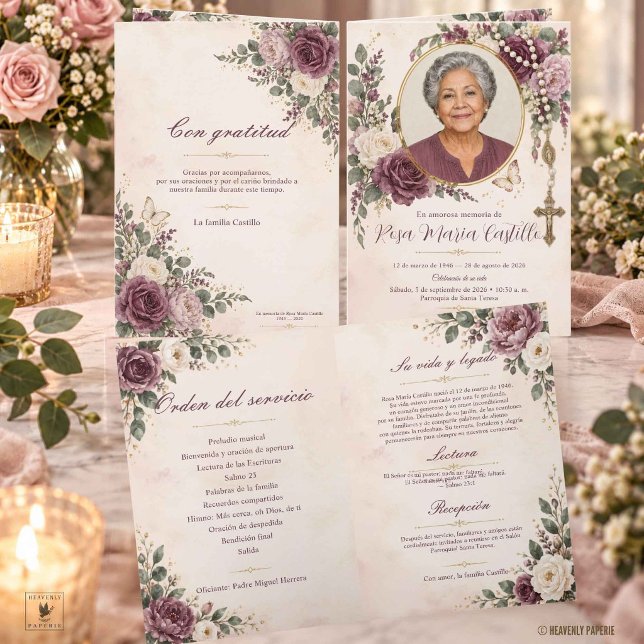 Plommon Mauve Elfenbensfärgade Blommiga Foto Katol Program (Plum Mauve Ivory Floral Photo Catholic Memorial Program Spanish)