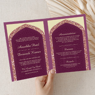 Plommon Mauve Rosa Guld Allt-i-ett Indiskt Bröllop Inbjudan