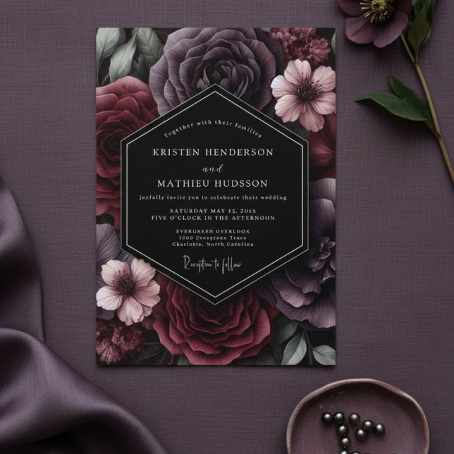 Plommon Mörk Blomning Romantik Bröllop Inbjudningar (Skapare uppladdad)