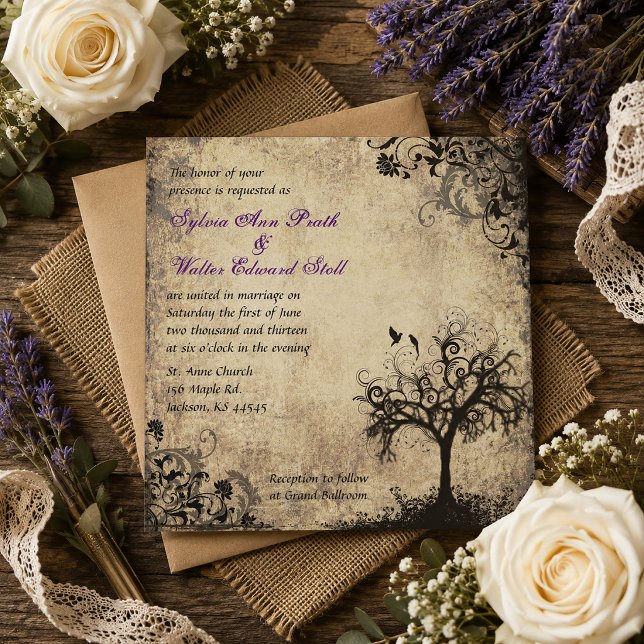 Plommon Ny Liv Vintage Träd Bröllop Inbjudningar (Plum New Life Vintage Tree Wedding Invitation )