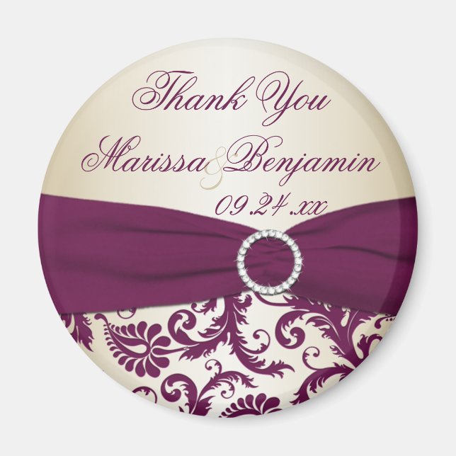 Plommon och Champagne Damask Wedding Favor Magnet (Framsidan)