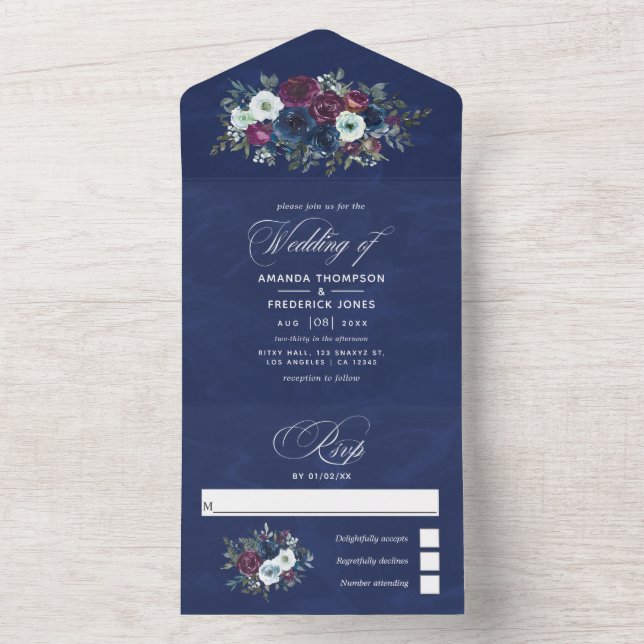 Plommon och marin blå Blommigt Bröllop alla i en e (Insida)