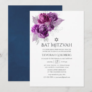 Plommon och marinblå akvarellblommig Bat Mitzvah Inbjudningar