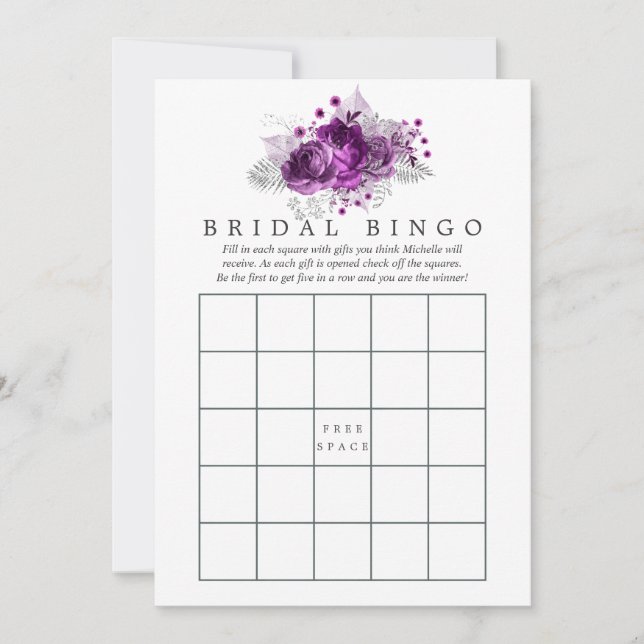 Plommon och marinblå akvarellblommig bröllopsbingo (Framsida)