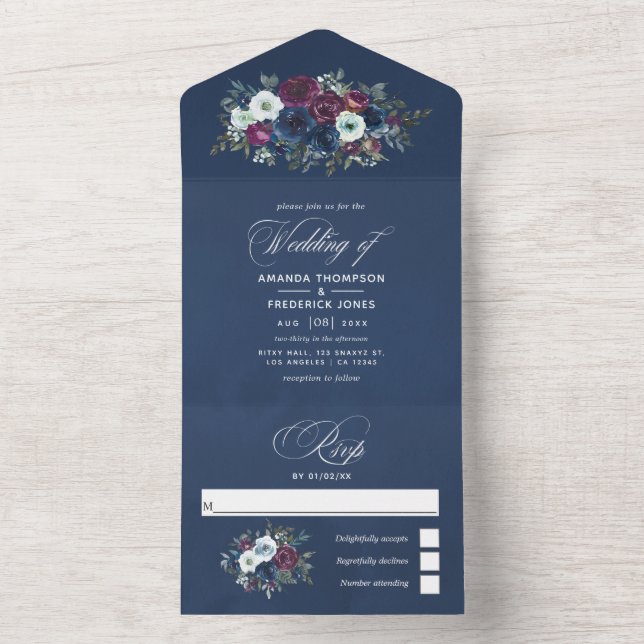 Plommon och marinblå blommande bröllopsinbjudan al (Insida)