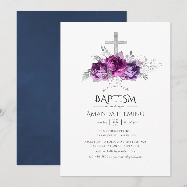 Plommon och marinblå blommig dop eller kristning inbjudningar (Fram/baksida)
