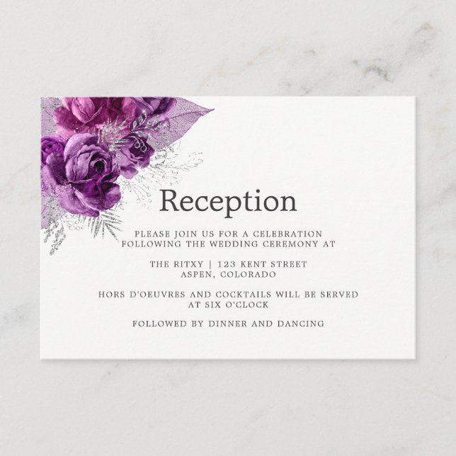 Plommon och marinblå blomsterbröllopsreception tilläggskort (Framsida)