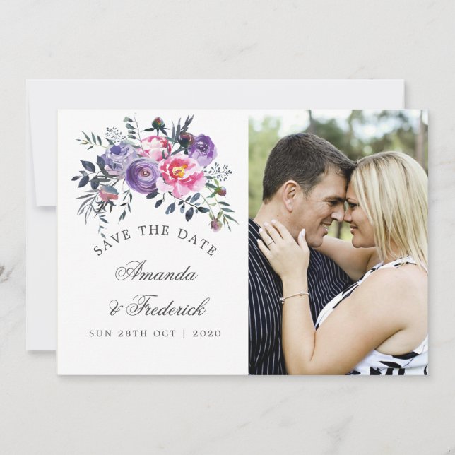 Plommon och rosa blomsterbröllop Spara datum Datumet (Framsida)