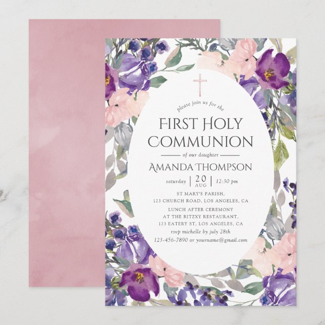 Plommon och rosablommig rosa första kommunion inbjudningar (Fram/baksida)