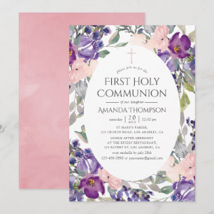 Plommon och rosablommig rosa första kommunion inbjudningar