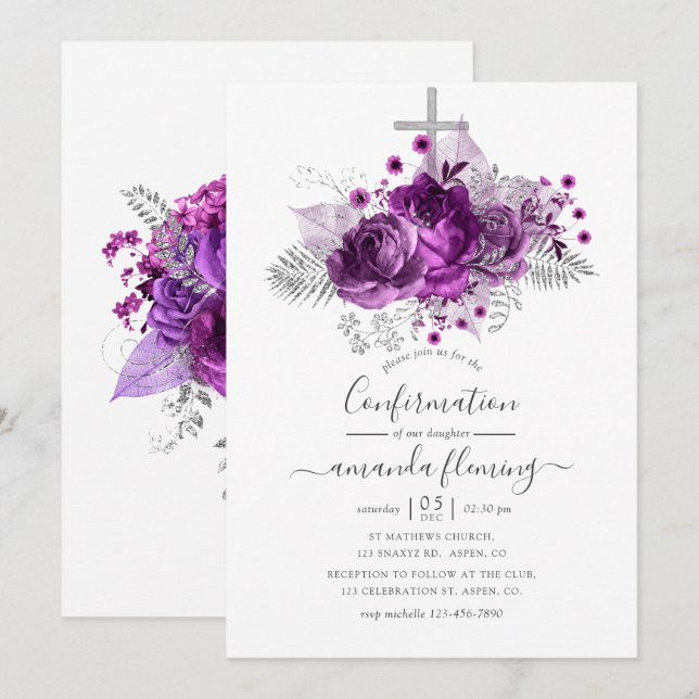 Plommon och silver akvarellblommig konfirmation inbjudningar (Fram/baksida)