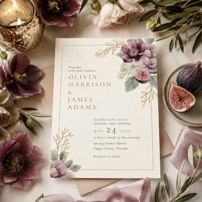 Plommon & Oliv Botanisk Bröllopsinbjudan Inbjudningar (Plum & Olive Botanical Wedding Invitation)