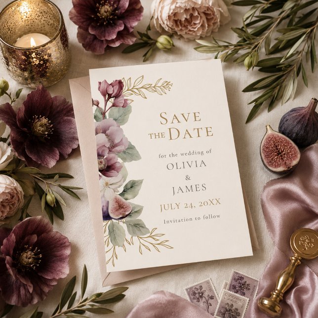 Plommon & Oliv Botanisk Bröllopsinbjudan Spara Dat Inbjudningar (Plum & Olive Botanical Wedding Save the Date Invitation)