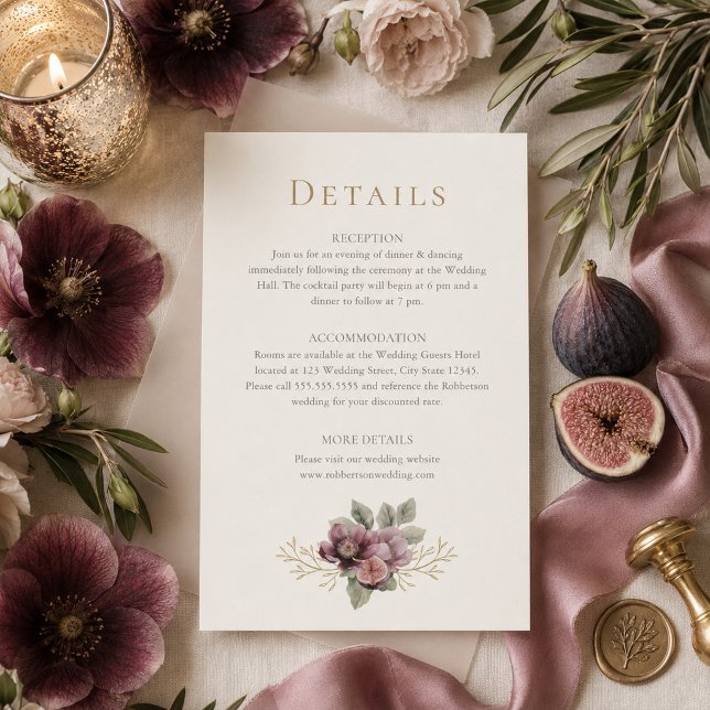 Plommon & Oliv Botanisk Bröllopsinformationskort Inbjudningar (Plum & Olive Botanical Wedding Details Card)