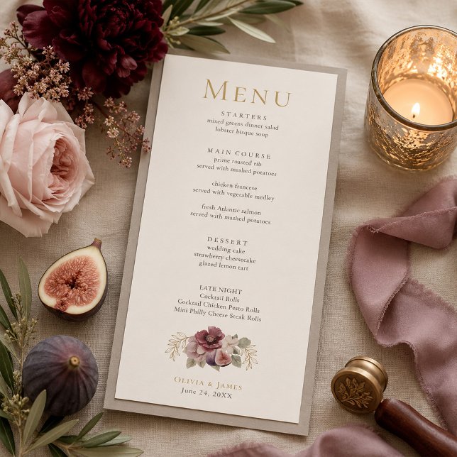 Plommon & Oliv Botanisk Bröllopsmeny Meny (Plum & Olive Botanical Wedding Menu)