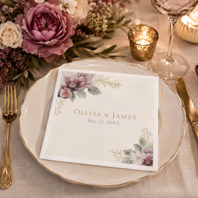 Plommon & Oliv Botanisk Bröllopsservett Pappersservett (Plum & Olive Botanical Wedding Napkin)