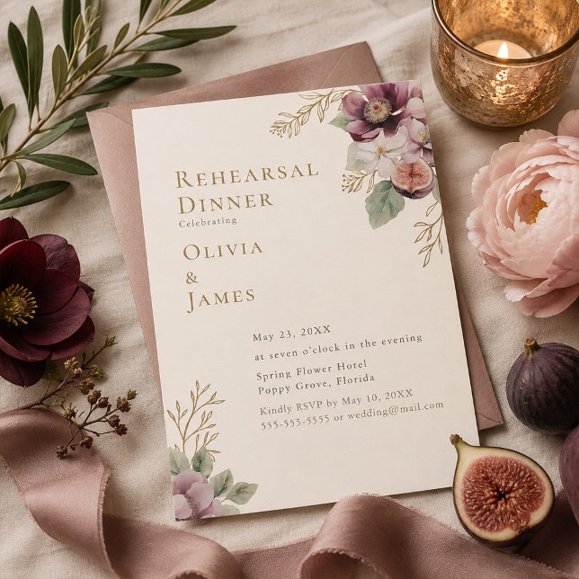 Plommon & Oliv Botanisk Övningsmiddagsinbjudan Inbjudningar (Plum & Olive Botanical Rehearsal Dinner Invitation)