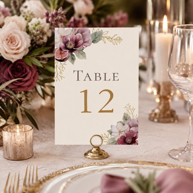 Plommon & Oliv Botaniskt Bordnummer för Bröllop Bordsnummer (Plum & Olive Botanical Wedding Table Number)