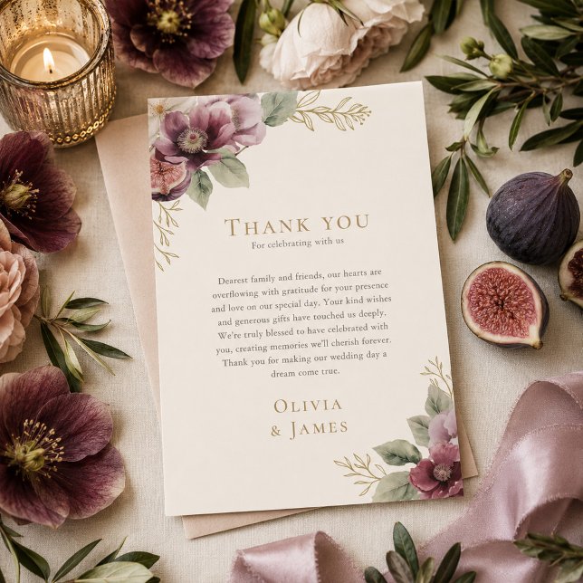 Plommon & Oliv Botansk Bröllop Tacksamhetskort Tack Kort (Plum & Olive Botanical Wedding Thank You Card)