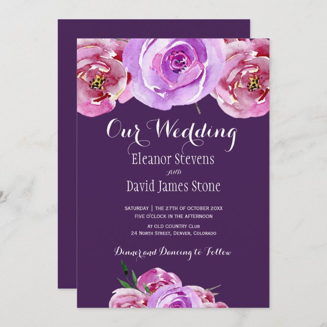 Plommon (plommon)  rosa (lilac peonies) chic bröll inbjudningar (Fram/baksida)