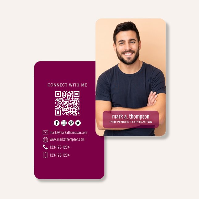 Plommon QR-kod Foto Anslut Modern Minimalism Visitkort (Plum purple QR code business card with photo and modern minimalist layout)
