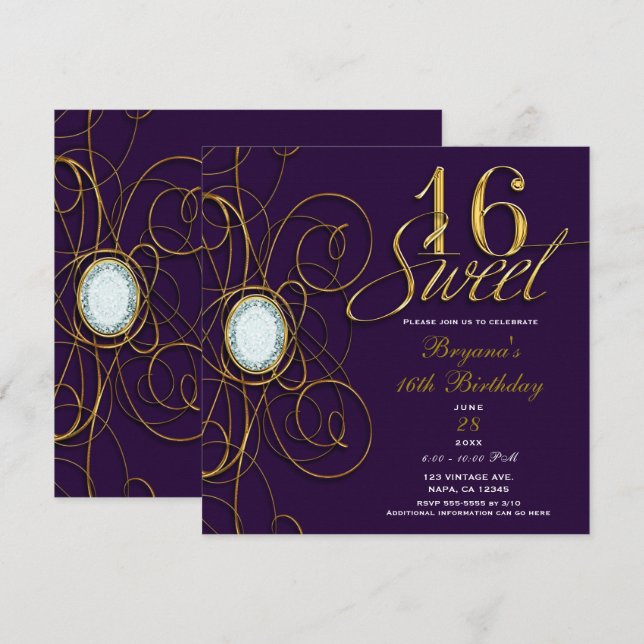 Plommon Royal Lila & Guld Diamant Sweet 16 Födelse Inbjudningar (Fram/baksida)