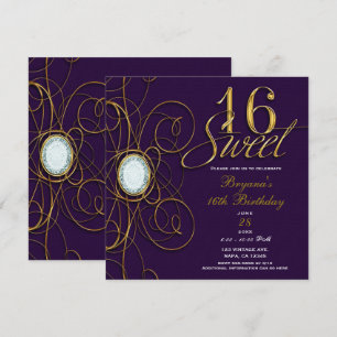 Plommon Royal Lila & Guld Diamant Sweet 16 Födelse Inbjudningar