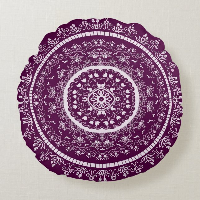 Plommonblommig Mandala Boho Rund Kuddöverdrag Kudde (Framsidan)