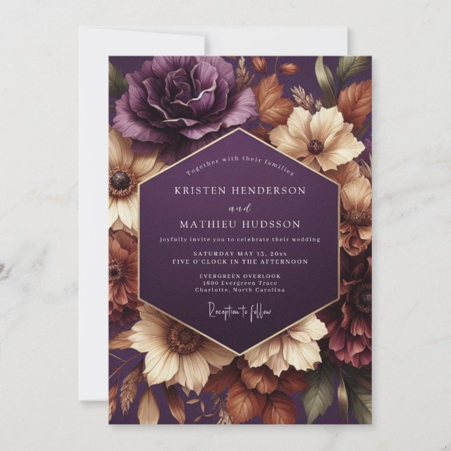 Plommonblommig Wedding med Dramatisk Stämning Inbjudningar (Framsida)