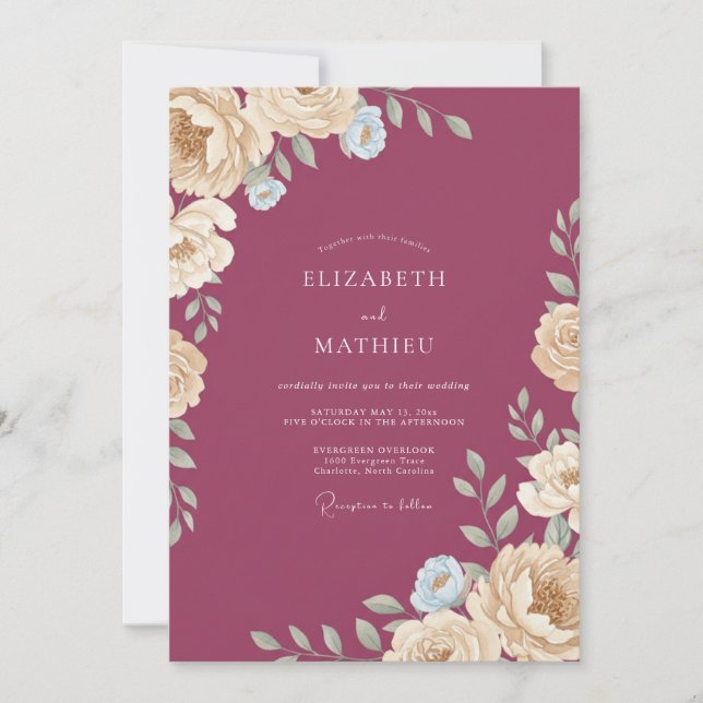 Plommonchampagne Blommig Bröllop Inbjudningar (Framsida)