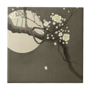 Plommonet blomstrar på natten vid Ohara Koson Kakelplatta