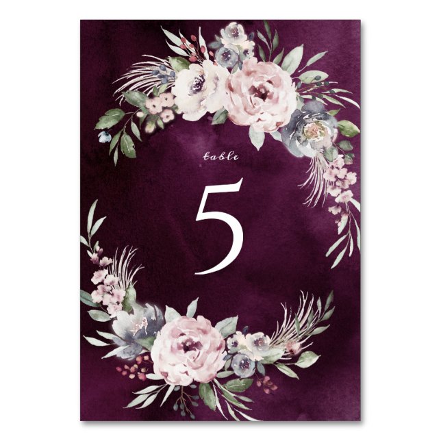 Plommonfärgning och damm rosa blommigt boho bröllo bordsnummer (Framsidan)