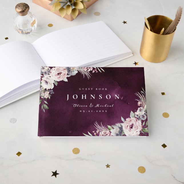 Plommonfärgning och damm rosa blommigt boho bröllo gästböcker (Framsida öppen)