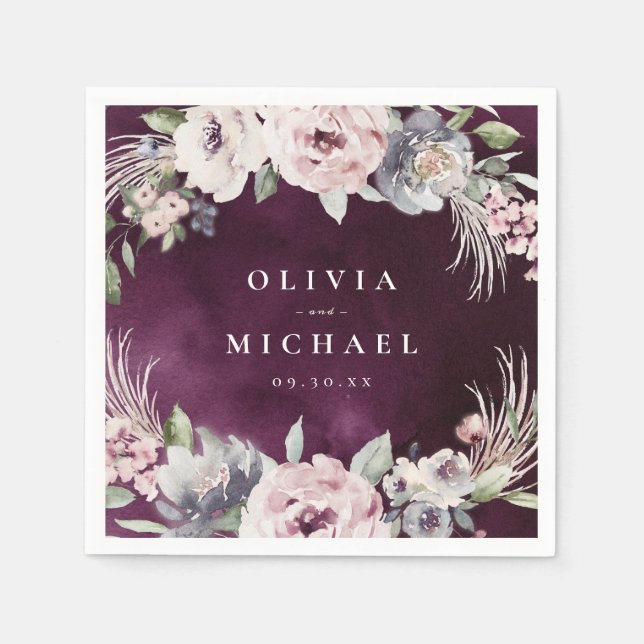 Plommonfärgning och damm rosa blommigt boho bröllo pappersservett (Framsidan)