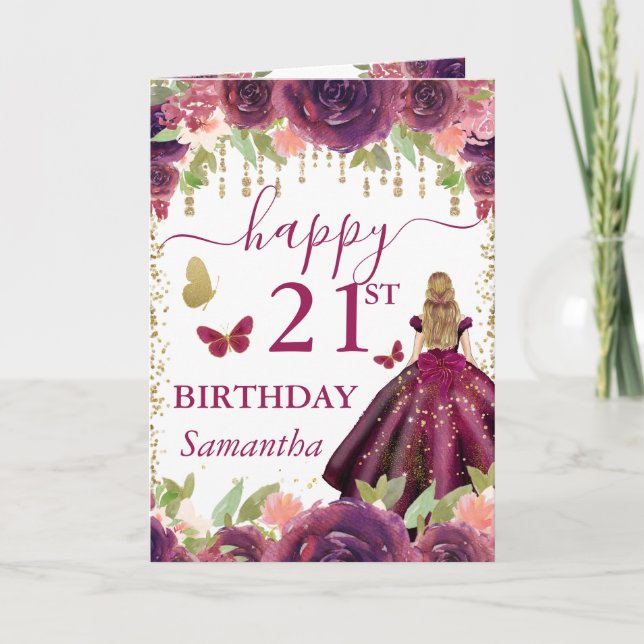 Plommonklänning Blondhårig Prinsessa Födelsedag Kort (Framsida)