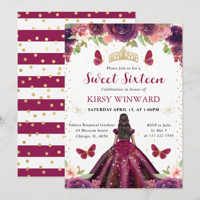 Plommonklänning Mörk Hy Prinsessa Sweet 16 Inbjudningar (Fram/baksida)