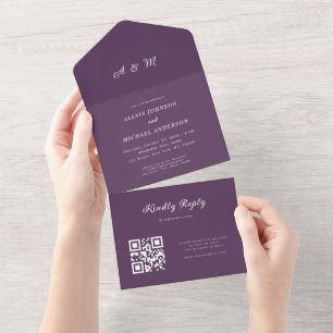 Plommonlila Elegant Monogram QR-kod Bröllop