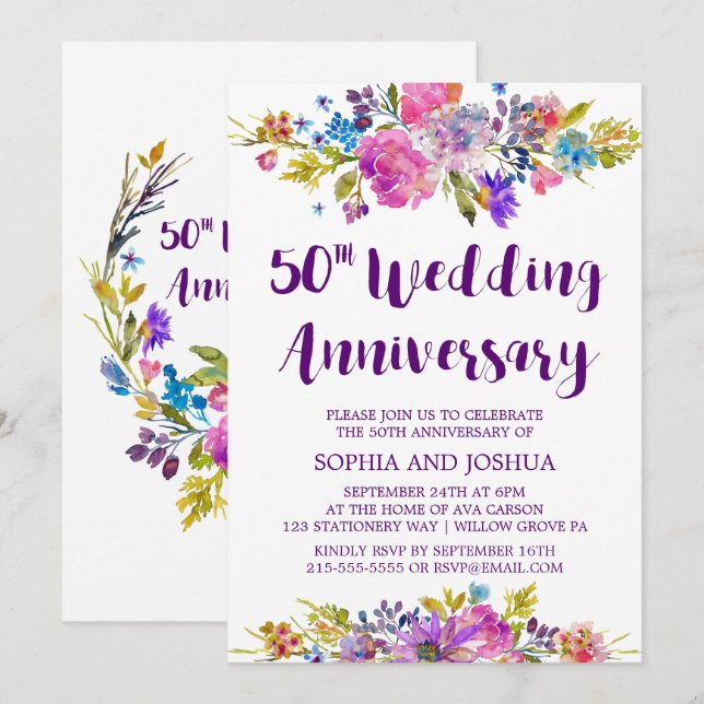 Plommonlila trädgård 50-års bröllopsjubileumfest inbjudningar (Fram/baksida)