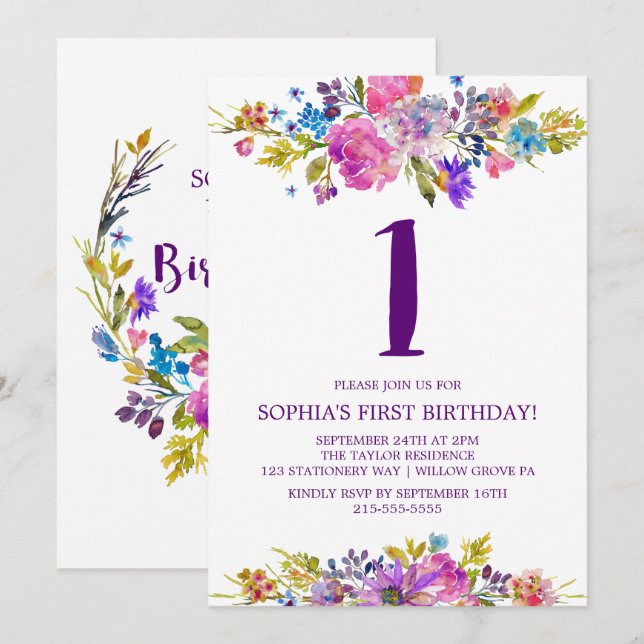 Plommons Lila Rosa och Blåa blommor första födelse Inbjudningar (Fram/baksida)