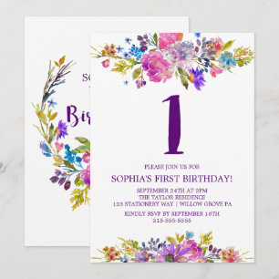 Plommons Lila Rosa och Blåa blommor första födelse Inbjudningar