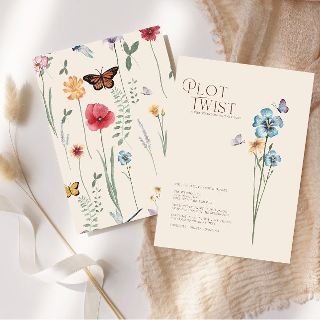 Plot Twist Blå Vildblomma Bröllop Ändra Datum Spara Datumet (Simple Blue Wildflower Plot Twist Wedding Save The Date)