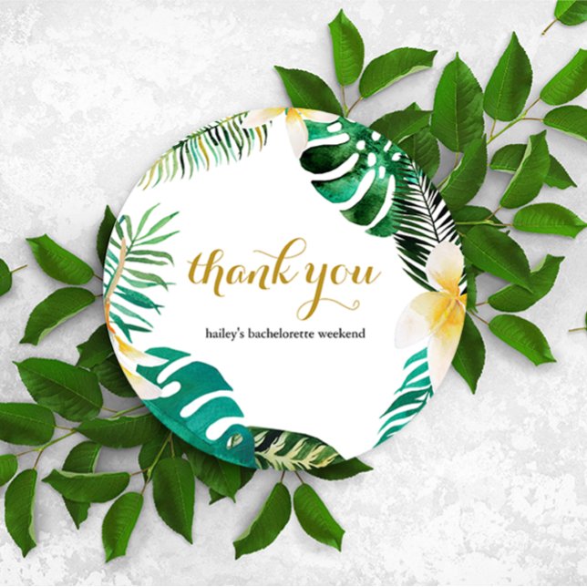 Plötsligt Tack av krutdurken Handflatan Löv (Chic tropical palm leaves bachelorette weekend circle thank you card for guests.)