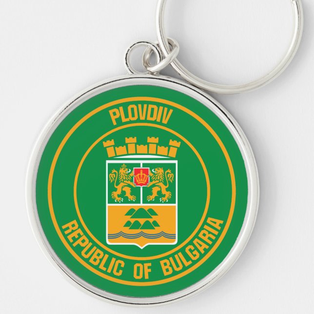 Plovdiv Round Emblem Rund Silverfärgad Nyckelring (Framsidan)