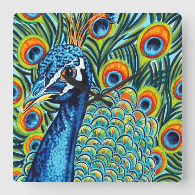 Pluerad Peacock I Fyrkantig Klocka (Framsida)