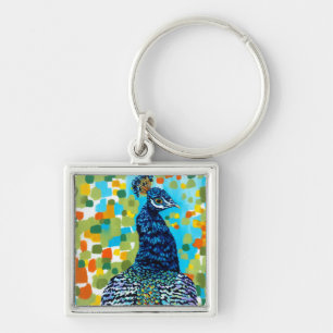 Pluerad Peacock II Fyrkantig Silverfärgad Nyckelring