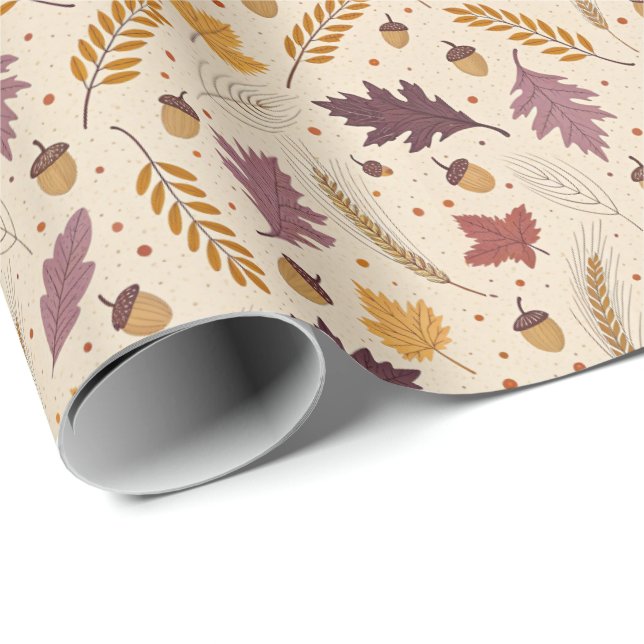 Plum and Mustard Autumn Leaf Pattern Presentpapper (Rullad Hörn)
