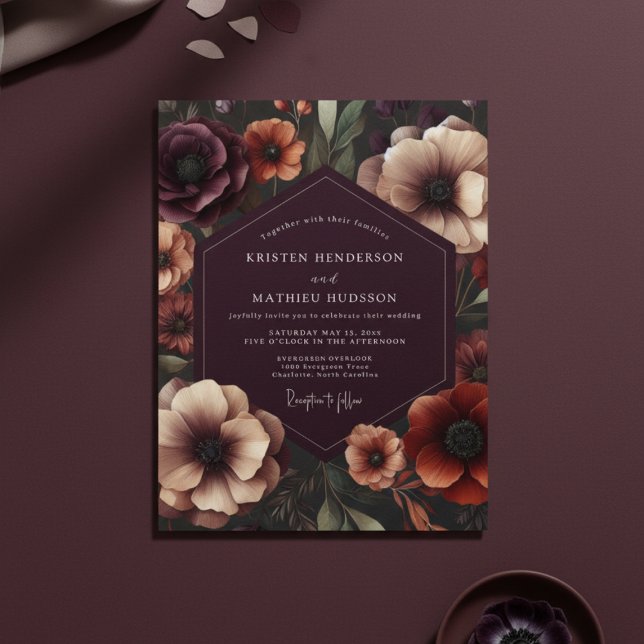 Plum Anemone Botanical Romance Wedding Inbjudningar (Skapare uppladdad)